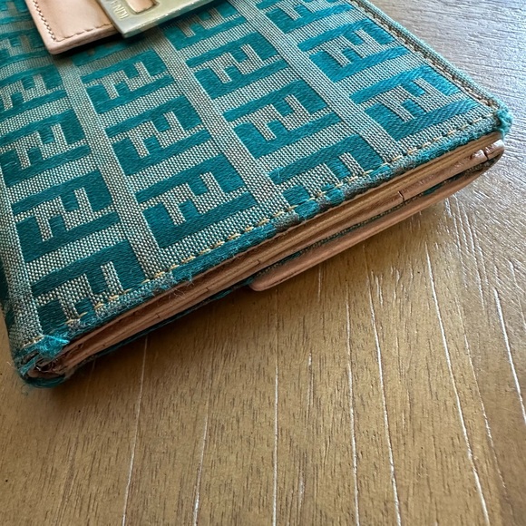 Rare Vintage Fendi Zucca FF Logo Leather & Canvas Continental Wallet Teal - Picture 5 of 11